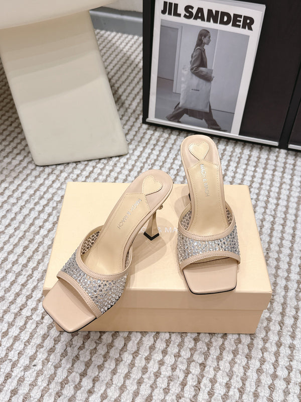 Mach & Mach Embellished Mules 95 Nude Beige in Leather Diamonds 722810