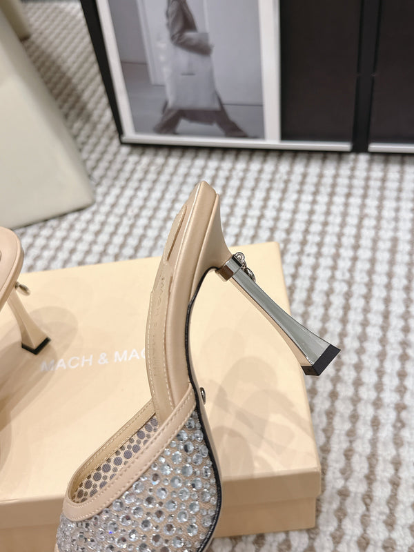 Mach & Mach Embellished Mules 95 Nude Beige in Leather Diamonds 722810