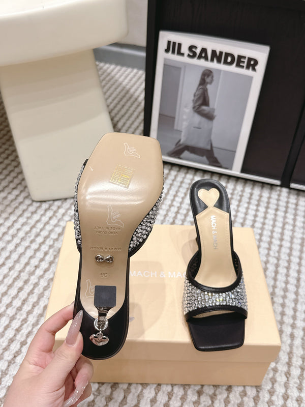 Mach & Mach Embellished Mules 95 Black in Leather Diamonds 722809
