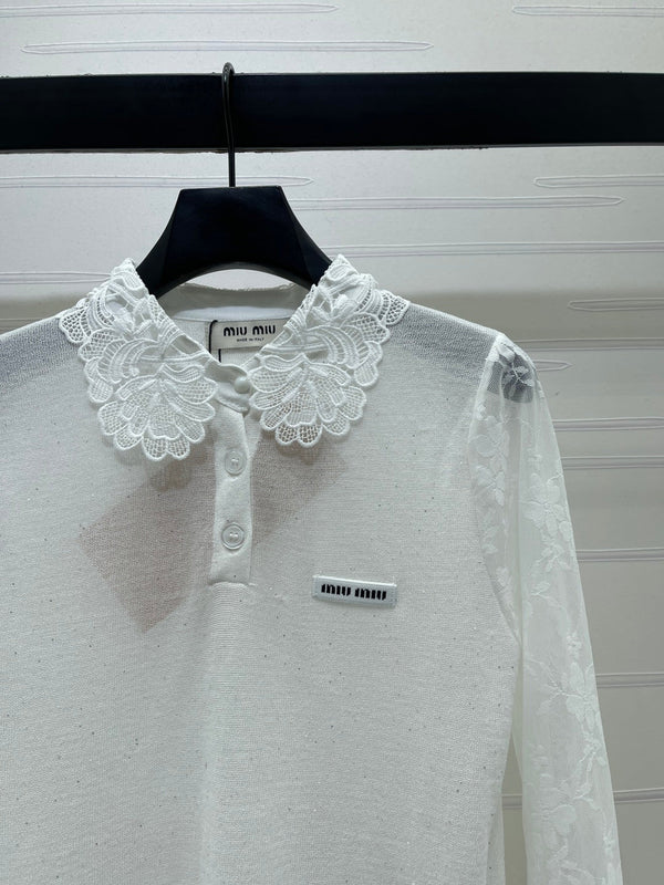 Miu Miu Collared Crochet Long-Sleeve Top White in Tencel 373141