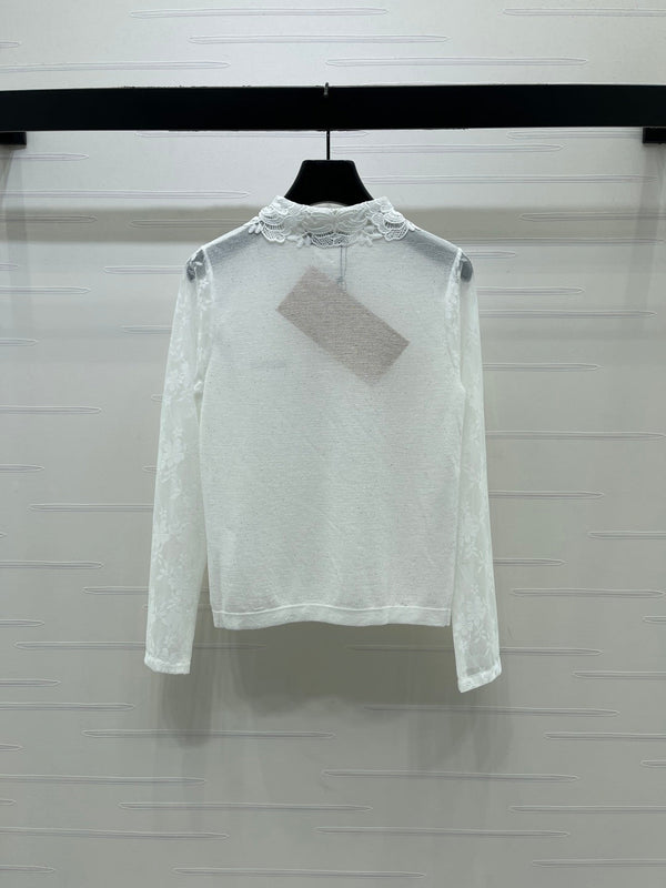 Miu Miu Collared Crochet Long-Sleeve Top White in Tencel 373141