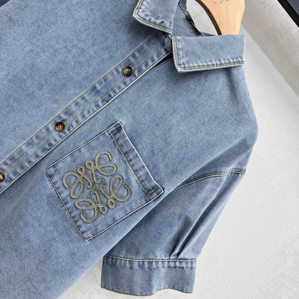 Loewe 26 Embroidered Short-Sleeve Shirt Blue in YB Twill Cotton Denim 375338