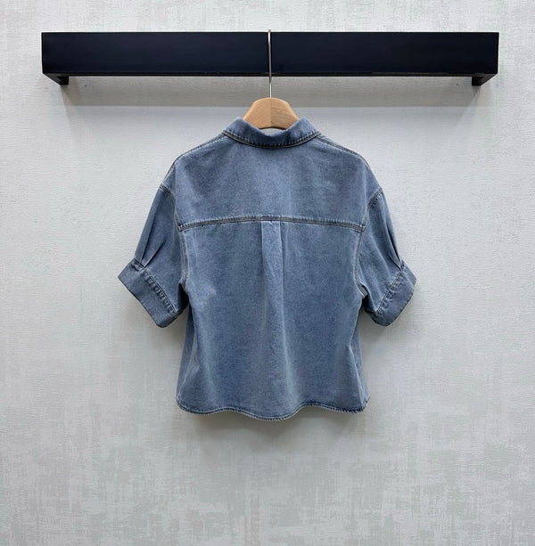 Loewe 26 Embroidered Short-Sleeve Shirt Blue in YB Twill Cotton Denim 375338