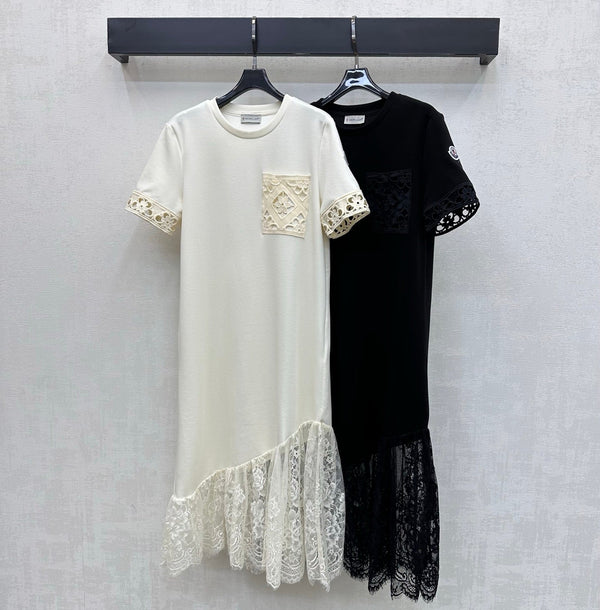 Moncler 26 Lace Patchwork Dress Beige in Cotton 366758