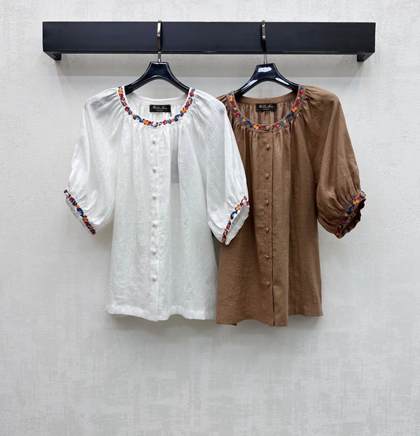 LP Colorful Embroidered Lantern Sleeve Shirt Brown in Linen 375374