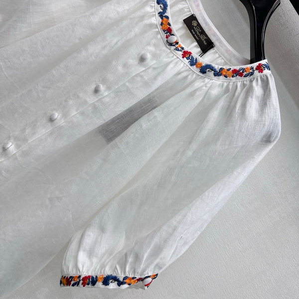 LP Colorful Embroidered Lantern Sleeve Shirt White in Linen 375372