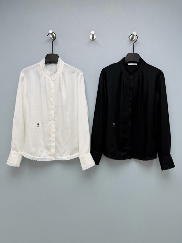 CD 26 Lace Stand Collar Shirt Black in Cotton 379092