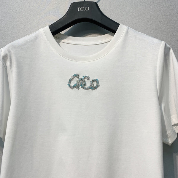 CC 26 White Rhinestone Embellished Crew Neck Short-Sleeve T-Shirt in Cotton 381113