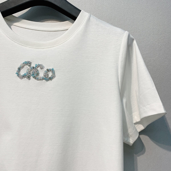 CC 26 White Rhinestone Embellished Crew Neck Short-Sleeve T-Shirt in Cotton 381113