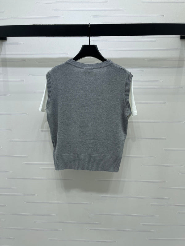 CC 26 Color-blocked Faux Two-piece Knit Short-Sleeved Top in Tencel