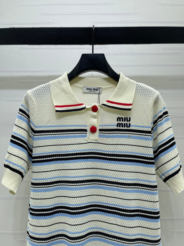 Miu 26 Striped Knit Short-sleeved Dress with a Lapel Collar Cream Blue in Wool