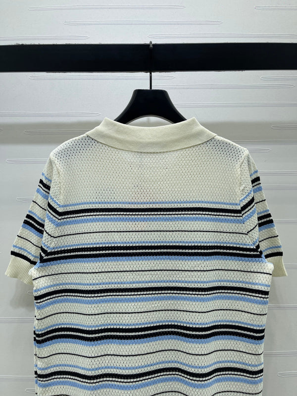 Miu 26 Striped Knit Short-sleeved Dress with a Lapel Collar Cream Blue in Wool