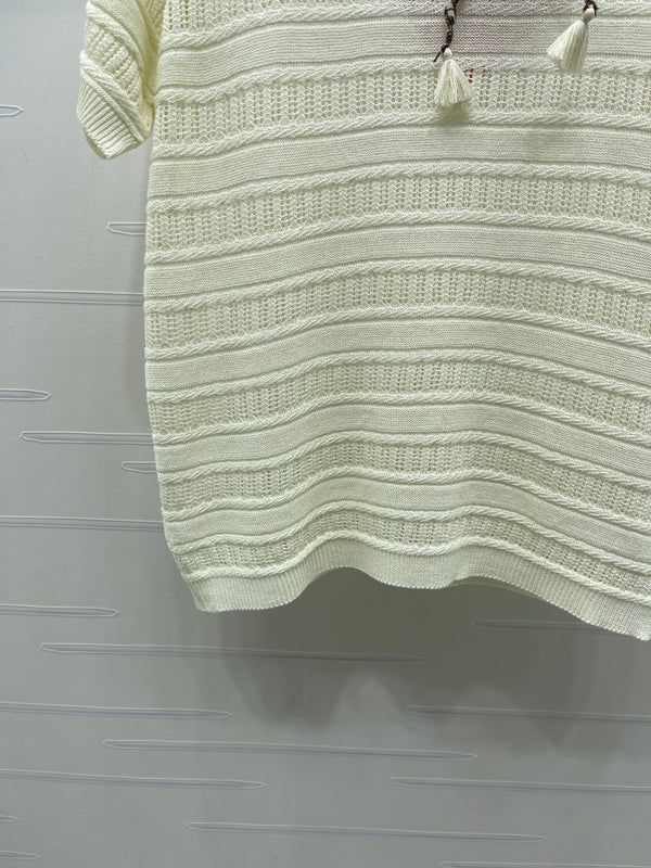 Miu 26 Crew Neck Knit Short-Sleeve T-Shirt with Scarf Design Cream in Wool
