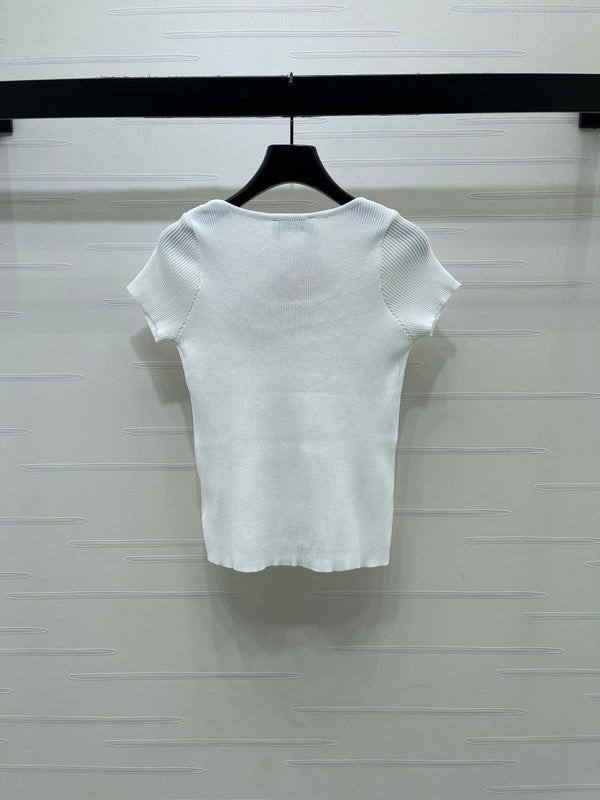 Miu 26 U-Neck Short-Sleeve Top White in Wool 375885