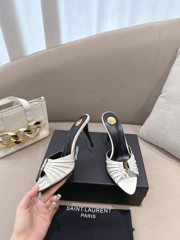 YSL Babylone Mules 90mm White in Supple Leather 771703
