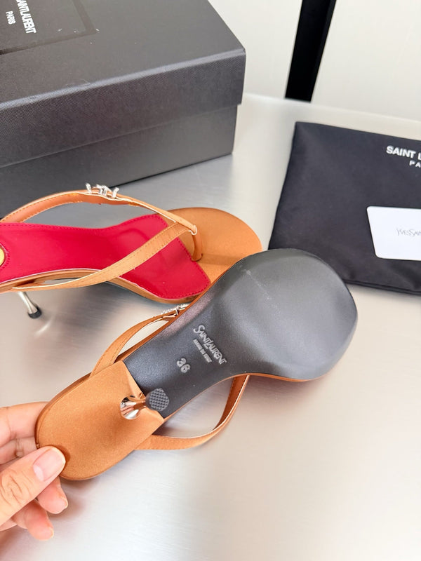 YSL Metal Heel 75mm with Side Rhinestone Buckle Logo Orange in Silk 784728