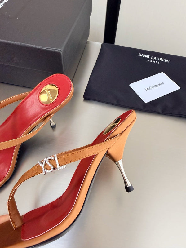 YSL Metal Heel 75mm with Side Rhinestone Buckle Logo Orange in Silk 784728
