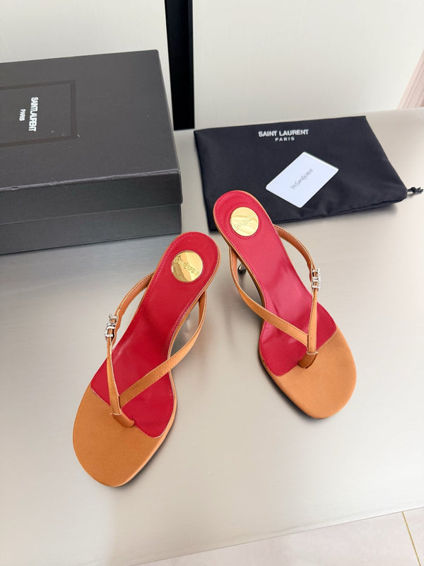 YSL Metal Heel 75mm with Side Rhinestone Buckle Logo Orange in Silk 784728
