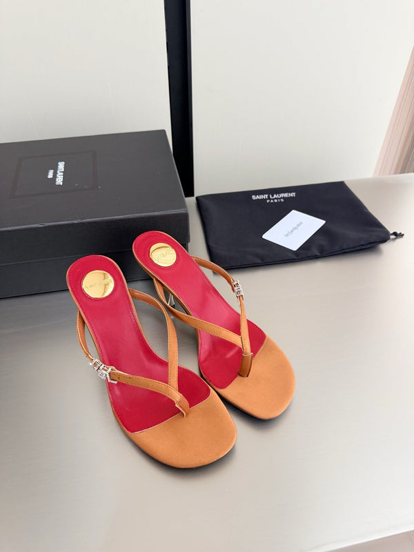 YSL Metal Heel 75mm with Side Rhinestone Buckle Logo Orange in Silk 784728