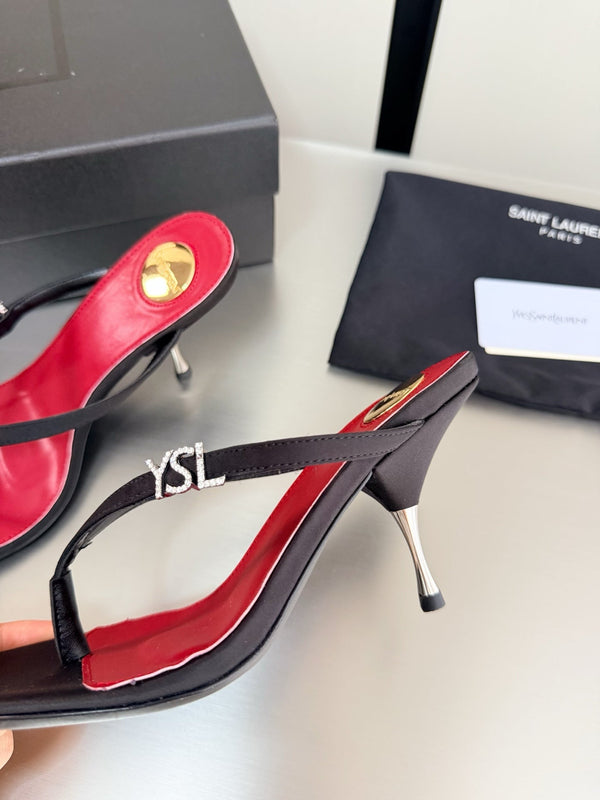 YSL Metal Heel 75mm with Side Rhinestone Buckle Logo Black in Silk 784727