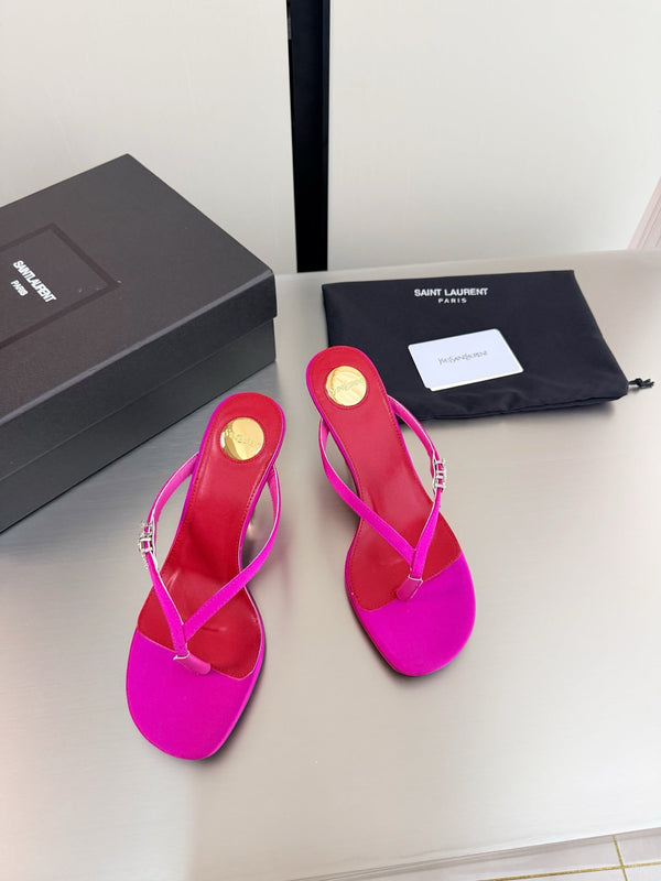YSL Metal Heel 75mm with Side Rhinestone Buckle Logo Pink in Silk 784726