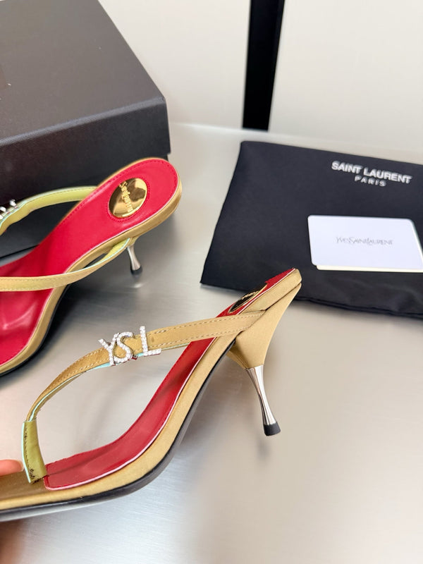 YSL Metal Heel 75mm with Side Rhinestone Buckle Logo Light Brown in Silk 784725