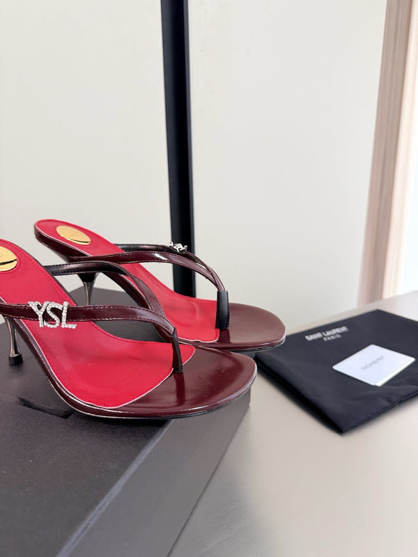 YSL Metal Heel 75mm with Side Rhinestone Buckle Logo Burgundy in Cowhide 784724