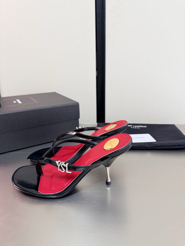 YSL Metal Heel 75mm with Side Rhinestone Buckle Logo Black in Cowhide 784723