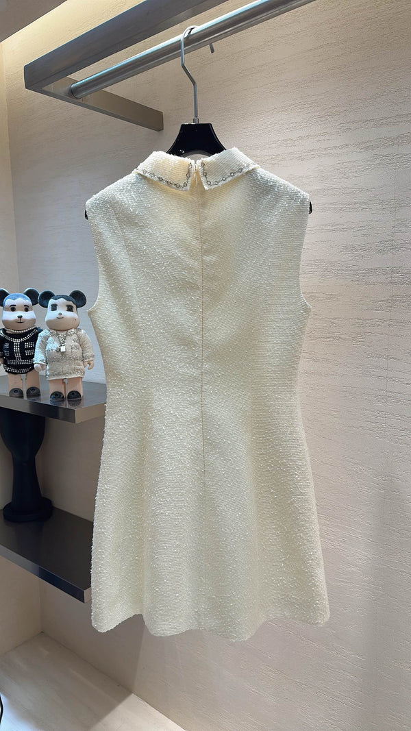 CC Moonlight White Diamond-Embellished Vest Dress in Tweed