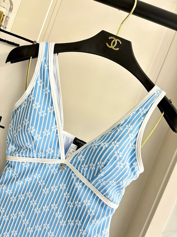 CC Striped Floral One-Piece Swimsuit in Blue White 289860