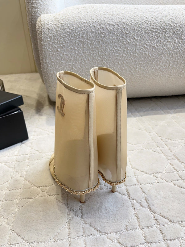 CC 26 Boots High-Heeled 95mm with Chain Beige in Mesh 808104