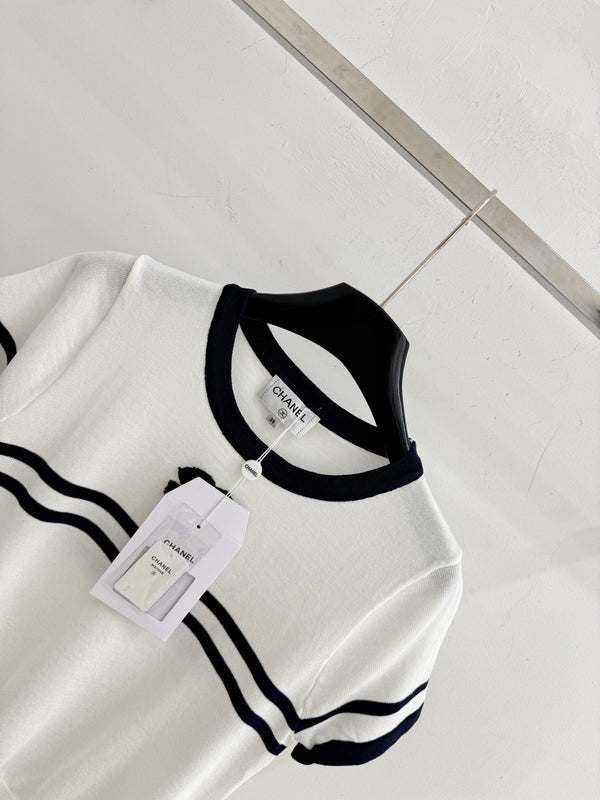 CC 2026 Striped Short-Sleeve Knit Top Wool Cashmere 516694