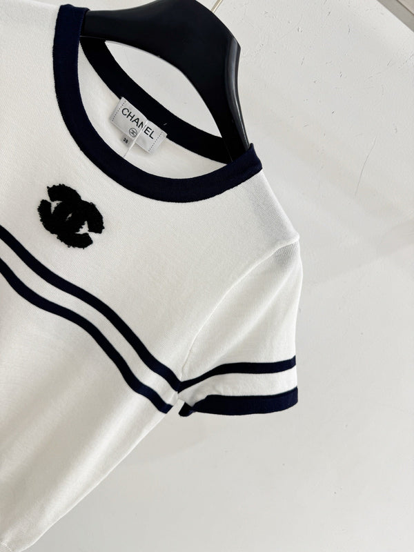 CC 2026 Striped Short-Sleeve Knit Top Wool Cashmere 516694