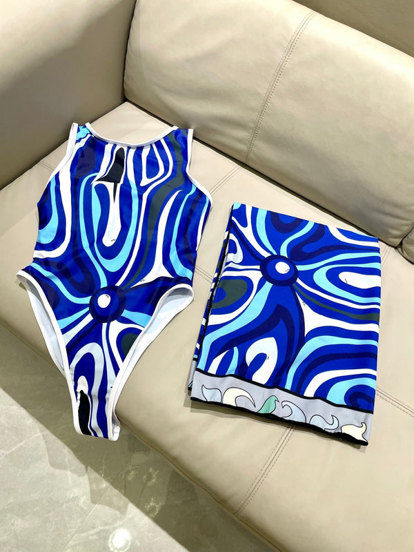 Pucci Printed One-Piece Blue Swimsuit Cotton Blend 149643