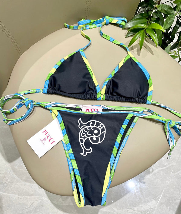Pucci Multicolor Print Two-Piece Bikini Black Cotton Blend 149639