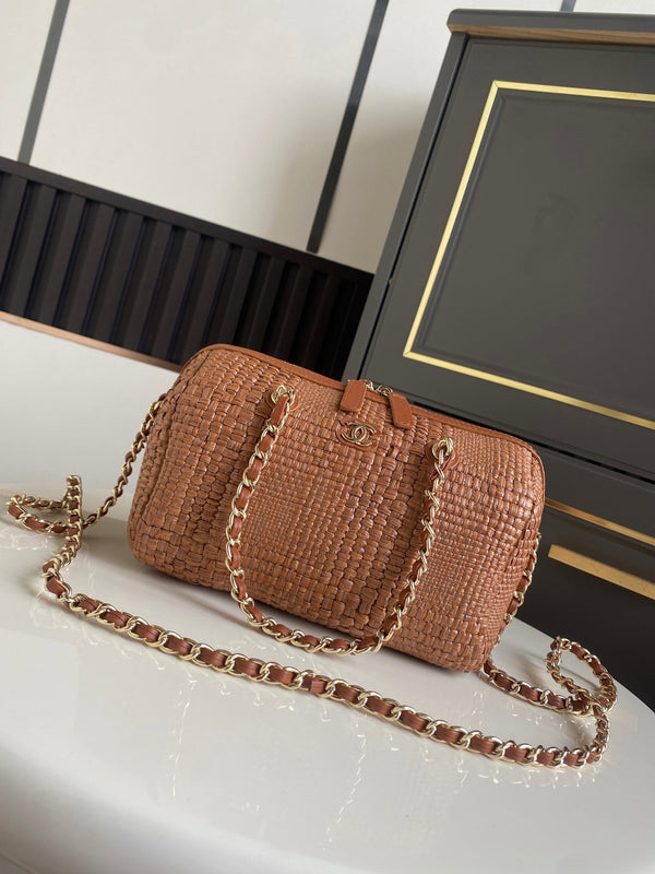 CC Classic Handbag With Chain 18.5cm Brown Woven Coconut Fiber