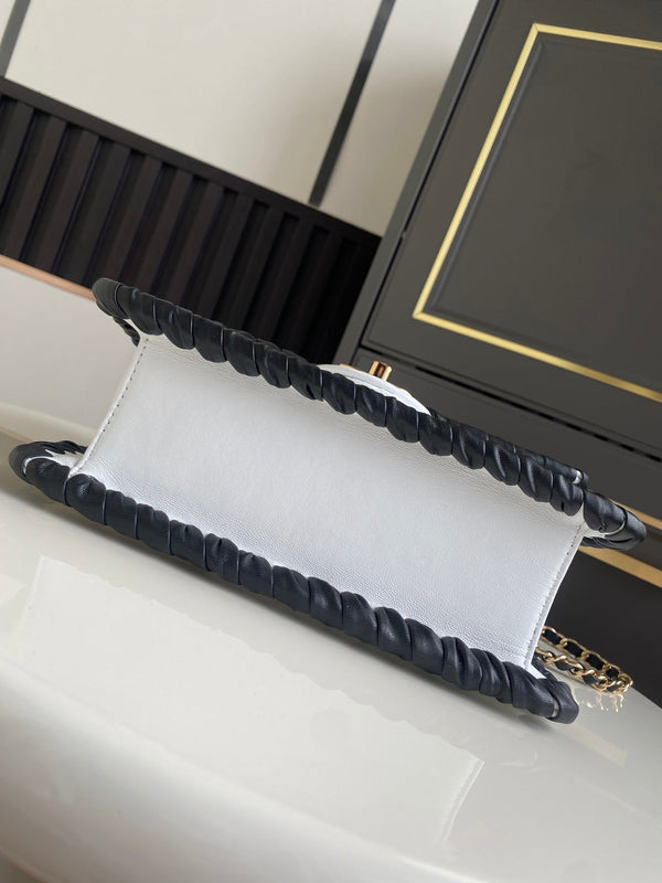 CC Flap Bag 22cm White Lambskin with Black Braided Trim