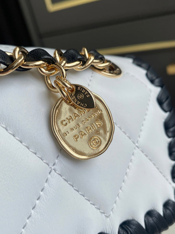 CC Flap Bag 15cm White Lambskin with Black Braided Trim