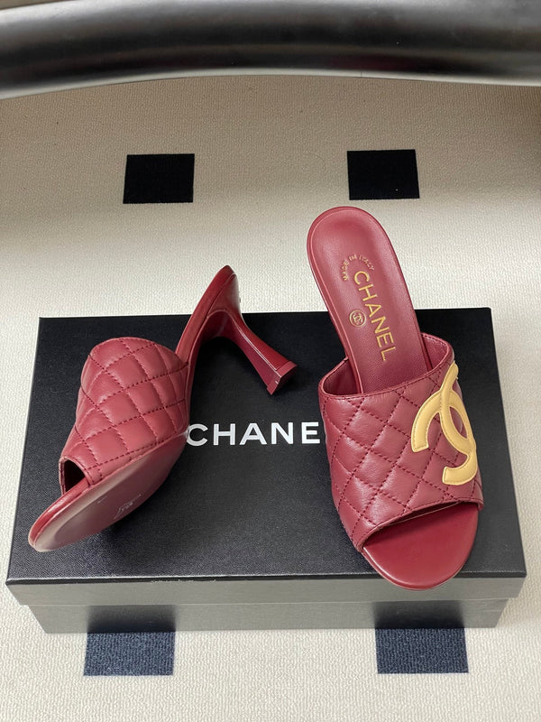 CC 26A Logo Quilted Heeled Sandals 8cm Burgundy Begie Lambskin 834708