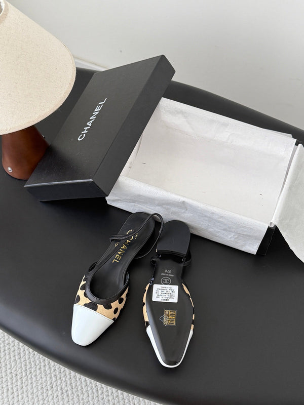 CC Slingback Flats Begie Black Spotted Calfskin 840029