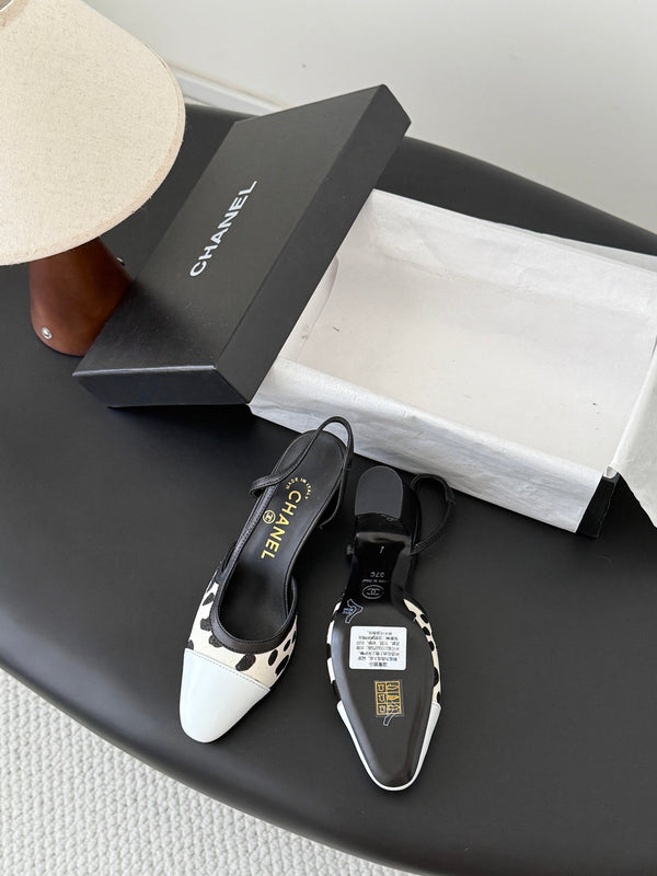 CC Slingback Pums Cream Black Spotted Calfskin 840022