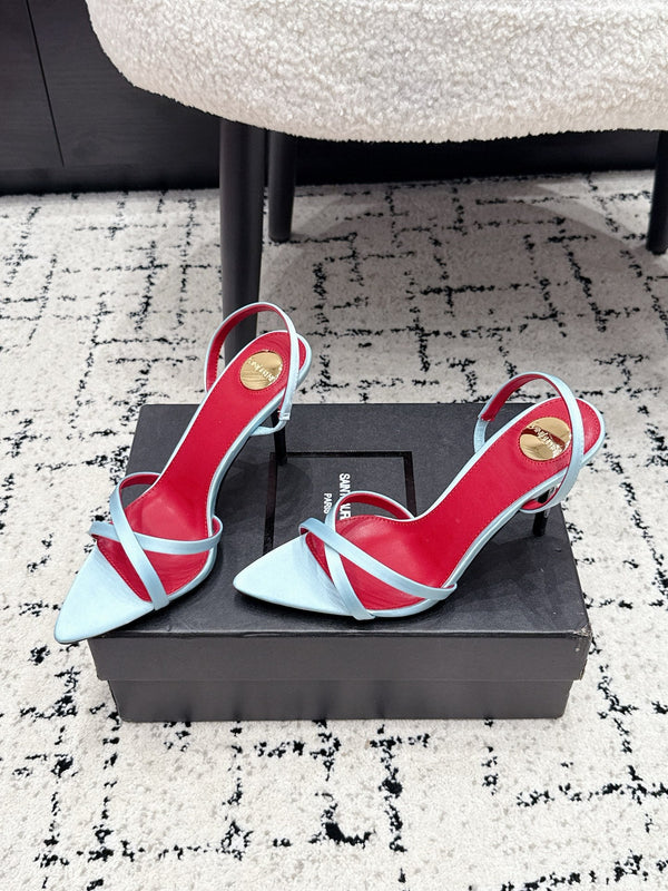 YSL Kirat Cross-Strap Stiletto Sandals 9.5cm Red Blue Cowhide Leather 847158