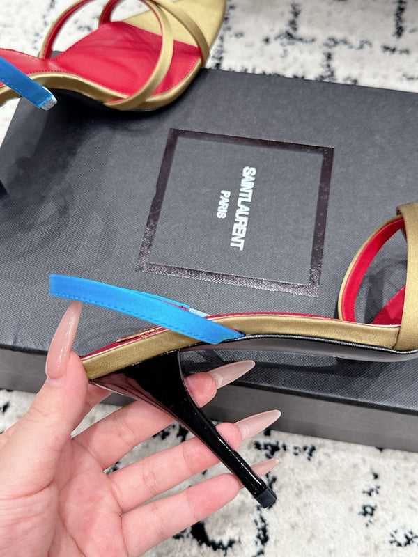 YSL Kirat Cross-Strap Stiletto Sandals 9.5cm Red Begie Cowhide Leather 847156