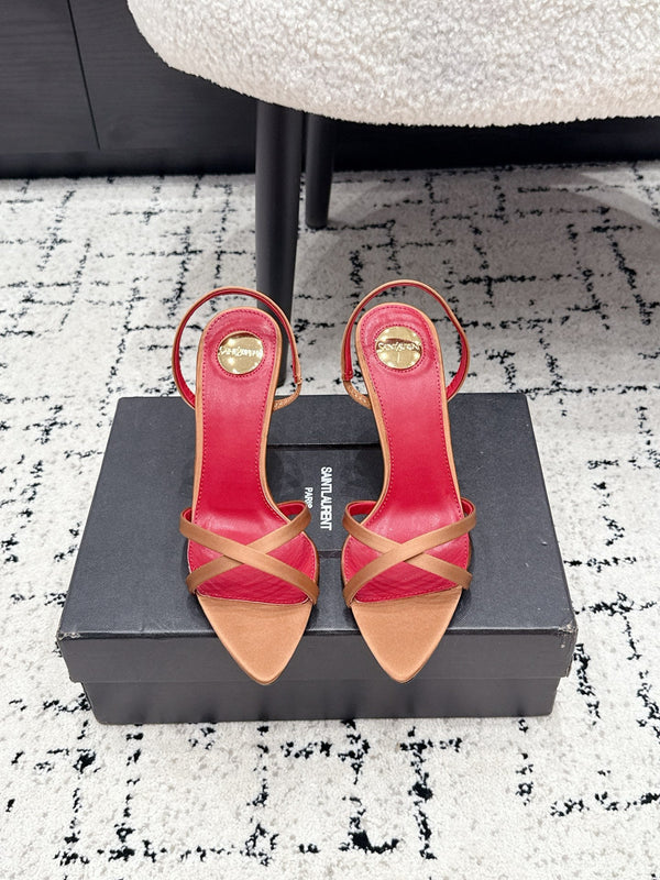 YSL Kirat Cross-Strap Stiletto Sandals 9.5cm Red Hot Pink Cowhide Leather 847153