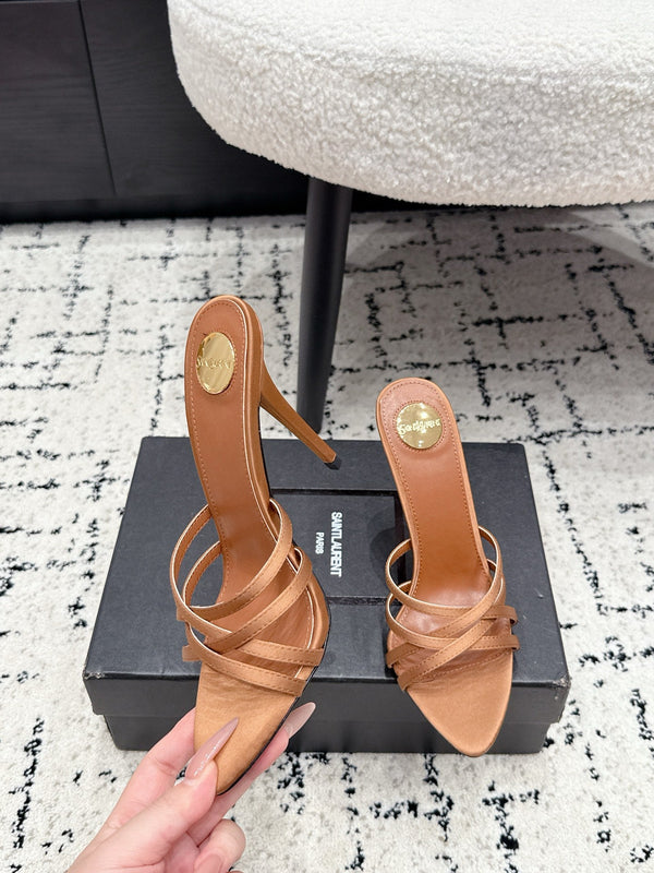 YSL Kirat Cross-Strap Stiletto Mules 10.5cm Light Brown Cowhide Leather 847150