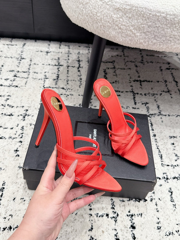 YSL Kirat Cross-Strap Stiletto Mules 10.5cm Red Cowhide Leather 847145