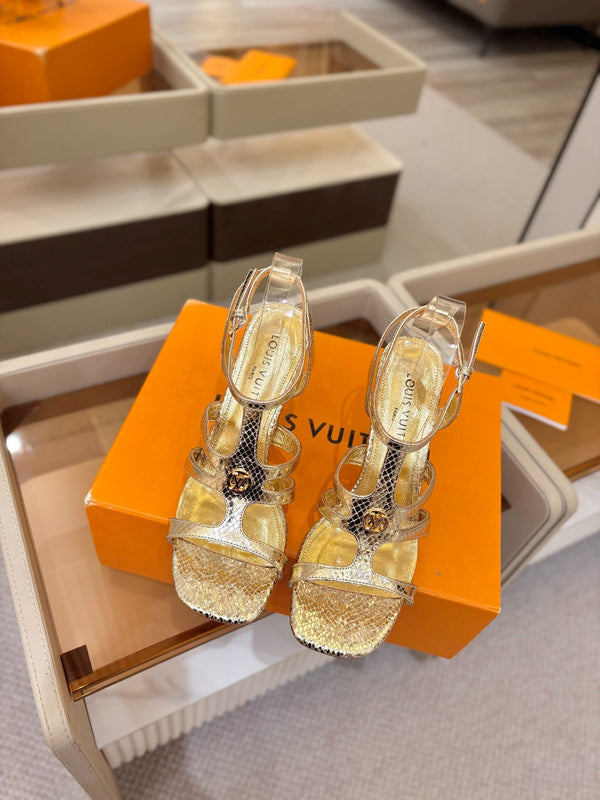 LV Isola Sandals 9.5cm Gold Metallic Calfskin Leather 844399