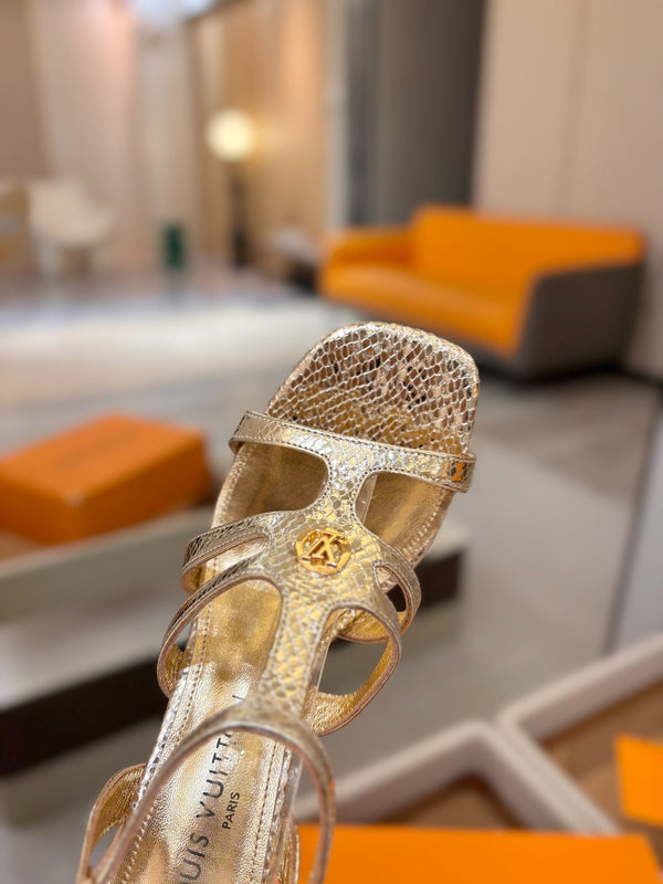 LV Isola Sandals 9.5cm Gold Metallic Calfskin Leather 844399