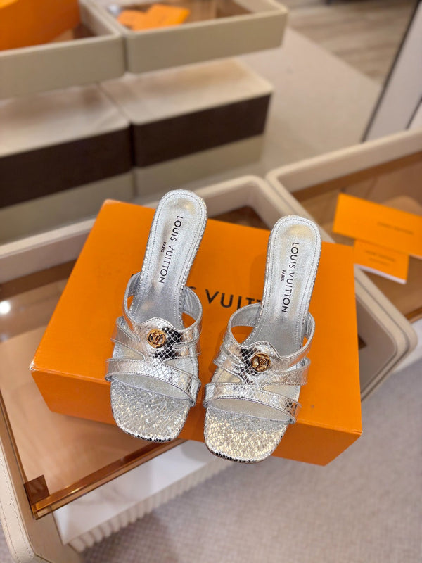 LV Isola Mule 9.5cm Silver Metallic Calfskin Leather 844384