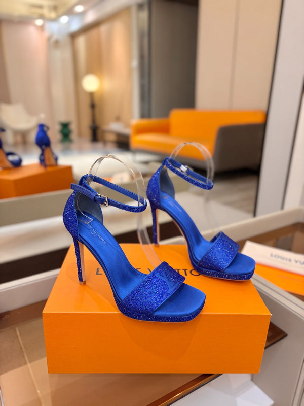 LV Sandals 11cm Blue Silk Rhinestone 844392